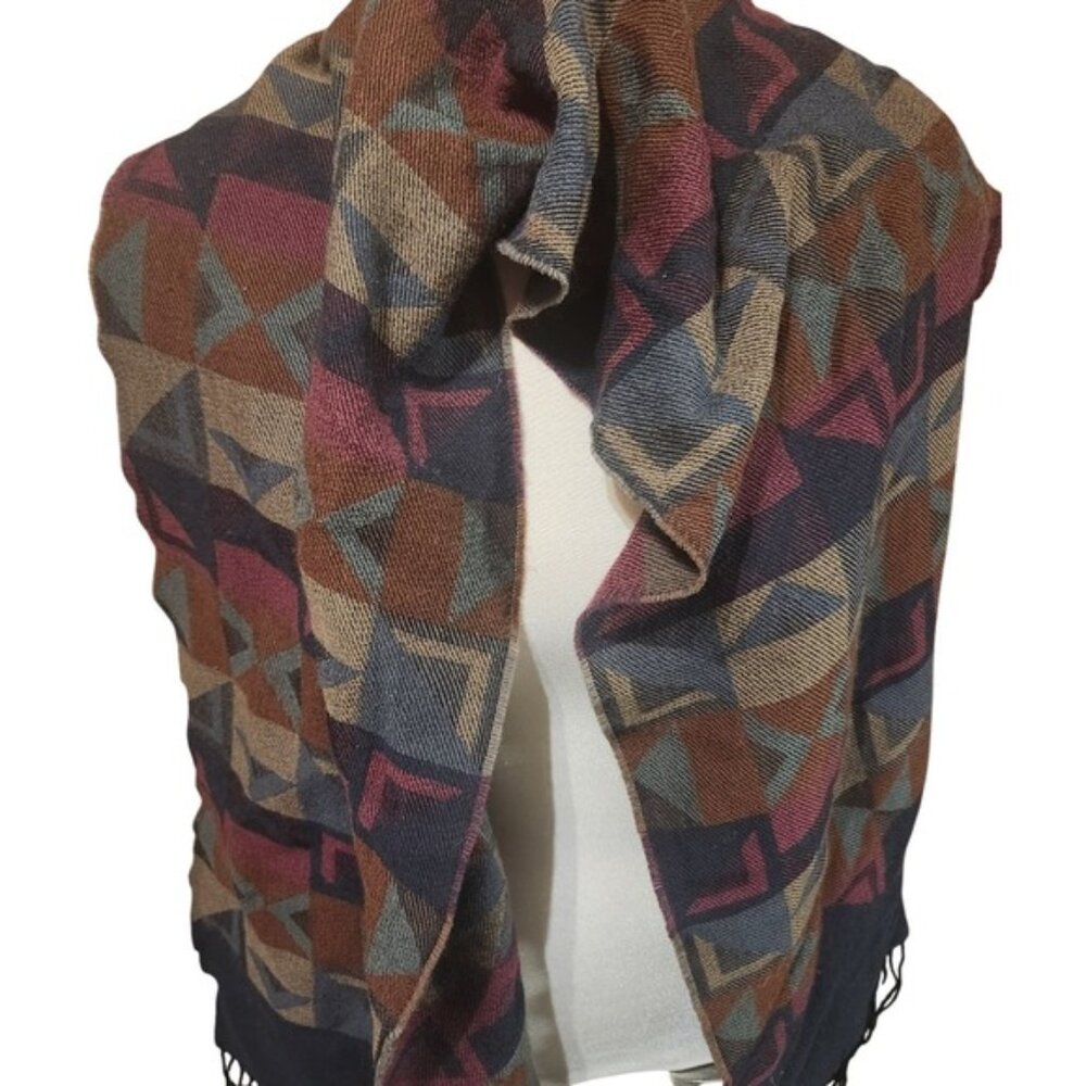 Harry Rosen Geometric Mosaic Scarf Burgundy Navy Tan Wool Blend Fringe‎ Trim